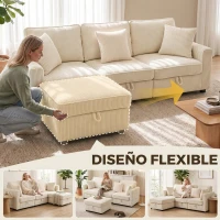 HOMCOM Sofá Chaise Longue de 3 Plazas con Almacenaje y Otomana Reversible de Pana 235x153x85 cm Blanco Crema(m-7)