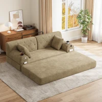 Doppeltes komprimiertes Cordsofa, Metallrahmen, 2 Becherhalter und 4 Seitentaschen, 168L x 80B x 81H cm, Khaki(m-5)