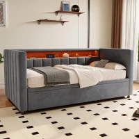 Multifunktionales Schlafsofa 90.5x190.5 cm, mit ausziehbarem Bett, USB-Typ-C-Anschluss und LED-Beleuchtung, 201L x 100-192B x 73H cm, Dunkelgrau(m-4)