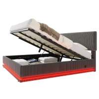 Modernes, gepolstertes Bett misst 160 x 200 cm, ausgestattet mit LED-Lichtern und USB-C-Lade, verstellbarer Kopfteilhöhe, stabilem gestreiftem Bettrahmen, 161L x 207B x 102/107/112H cm, Dunkelgrau(m-6)