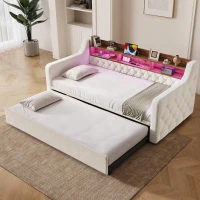 Samtsofa mit Armlehnen 90x190 cm, mit ausziehbarem Bett, Holz-Kopfteil-Stauraum, 201L x 107-197.5B x 80H cm, Beige(m-4)