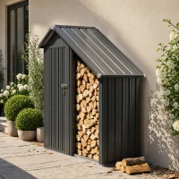 Outsunny 2 in 1 Galvanised Steel Firewood Shed, Outdoor Log Storage Shed with Tool Cabinet and Firewood Rack, Dark Grey(m-9)