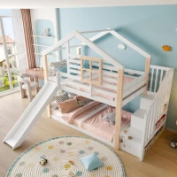 Kinderbett mit Rutsche und Treppe, ausgestattet mit Handläufen und Stauraum, 252L x 96B x 206H cm, Weiß(m-5)