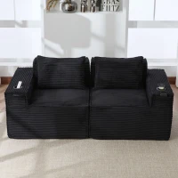 Modulares Doppelsitz-Cordsofa mit Becherhaltern und Seitentaschen, Federkern und hochdichtem Schaumstoff, 188L x 90B x 75H cm, Schwarz(m-4)