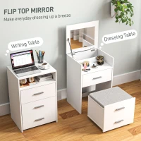 HOMCOM Vanity Desk with Mirror, Modern Dressing Table and Stool w/2 Drawers, Wheels, Flip-Up Mirror, Shelf, White(m-4)