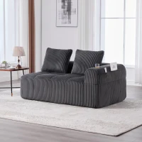Bequemes Cordsofa mit zwei Sitzern, seitliche Aufbewahrungstasche für Fernbedienung und Handy, eingebauter Getränkehalter, 158X93X61 cm, Dunkelgrau(m-5)