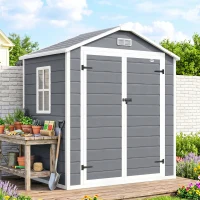 Outsunny 6x4.5ft Garden Storage Shed, Lockable Shed for Small Terraced Gardens with Double Doors, Window, Vent and Plastic Roof, Low Maintenance, Grey(m-17)