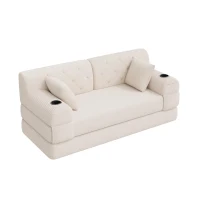 Doppeltes komprimiertes Cordsofa, Metallrahmen, 2 Becherhalter und 4 Seitentaschen, 168L x 80B x 81H cm, Beige(m-7)