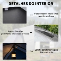 Outsunny Tenda de Campismo Familiar para 4-6 Pessoas Tenda Dobrável com 2 Janelas Impermeável Anti-UV 590x245x193 cm Cinza(m-6)