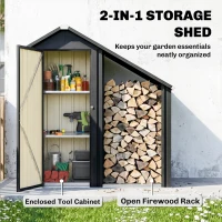 Outsunny 2 in 1 Galvanised Steel Firewood Shed, Outdoor Log Storage Shed with Tool Cabinet and Firewood Rack, Dark Grey(m-4)