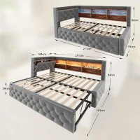 Bettgestell einziehbares Samtsofa 90x190 cm, mit Stauraum, LED-Licht, USB und Typ-C, 211 × ( 91~181) × 84 cm,Dunkelgrau(m-3)