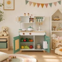 AIYAPLAY Cuisine Enfant en Bois 19 Accessoires, Cafetière, Machine à Glaçons, Micro-Ondes, Placard, 3-6 Ans, 61x27x79,7cm, Vert(m-10)