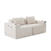 Modulares Doppelsitz-Cordsofa mit Becherhaltern und Seitentaschen, Federkern und hochdichtem Schaumstoff, 188L x 90B x 75H cm, Beige(m-8)