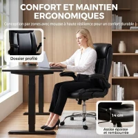 HOMCOM Chaise Bureau Ergonomique avec Accoudoirs Relevables, Fauteuil de Bureau en PU, Hauteur Réglable, Fonction Bascule, Noir(m-4)