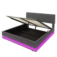 Modernes, gepolstertes Bett misst 160 x 200 cm, ausgestattet mit LED-Lichtern und USB-C-Lade, verstellbarer Kopfteilhöhe, stabilem gestreiftem Bettrahmen, 161L x 207B x 102/107/112H cm, Dunkelgrau(m-8)