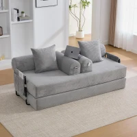 Faltbares Kompressionssofa mit stabilem Metallrahmen, Seitentaschen plus 3 Kissen, 200L x 94B x 67H cm,Hellgrau(m-4)