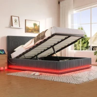 Modernes, gepolstertes Bett misst 160 x 200 cm, ausgestattet mit LED-Lichtern und USB-C-Lade, verstellbarer Kopfteilhöhe, stabilem gestreiftem Bettrahmen, 161L x 207B x 102/107/112H cm, Dunkelgrau(m-2)