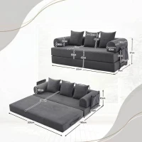 Faltbares Kompressionssofa mit stabilem Metallrahmen, Seitentaschen plus 3 Kissen, 200L x 94B x 67H cm, Dunkelgrau(m-3)
