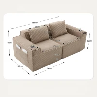 Modulares Doppelsitz-Cordsofa mit Becherhaltern und Seitentaschen, Federkern und hochdichtem Schaumstoff, 188L x 90B x 75H cm, Khaki(m-3)