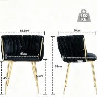 Samt-Esssessel mit goldenen Metallbeinen, elegantes handgewebtes Design, 55,5x41x74 cm, Schwarz(m-3)