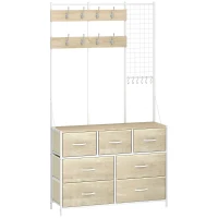 HOMCOM Cuier 4-în-1, Mobilier de Intrare cu 7 Sertare Pliabile din Material Textil, 14 Cârlige și Panou Grilaj, Stejar(m-1)