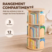 AIYAPLAY Bibliothèque Enfant Rotative 3 Niveaux, Meuble de Rangement Enfant en Bois pour Chambre, Salle de Jeu, Bois Naturel(m-5)