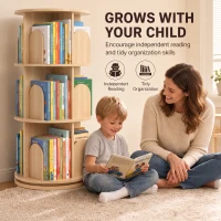 AIYAPLAY Bibliothèque Enfant Rotative 3 Niveaux, Meuble de Rangement Enfant en Bois pour Chambre, Salle de Jeu, Bois Naturel(m-8)