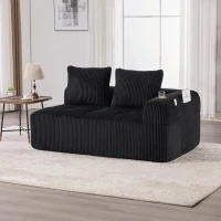 Bequemes Cordsofa mit zwei Sitzern, seitliche Aufbewahrungstasche für Fernbedienung und Handy, eingebauter Getränkehalter, 158X93X61 cm, Schwarz(m-2)