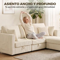 HOMCOM Sofá Chaise Longue de 3 Plazas con Almacenaje y Otomana Reversible de Pana 235x153x85 cm Blanco Crema(m-4)