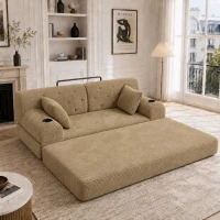 Doppeltes komprimiertes Cordsofa, Metallrahmen, 2 Becherhalter und 4 Seitentaschen, 168L x 80B x 81H cm, Khaki(m-2)