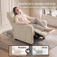 HOMCOM Sillón Relax Reclinable Manual hasta 155° de Tejido Efecto Lino Reposapiés Muelles Ensacados Acolchado Grueso Crema(m-7)