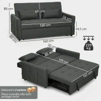 HOMCOM 2-Sitzer-Schlafsofa, 3-in-1 Ausziehsofa mit verstellbarer Rückenlehne, breiter Sitzfläche, Dunkelgrau(m-3)