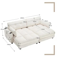 Das schwarze Cord-Doppelsofa verfügt über 2 Kissen, 4 Becherhalter und 4 Seitentaschen, kann in zwei unabhängige Sitze geteilt werden, 224L x 140B x 81H cm , Beige(m-3)