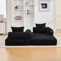 Faltbares Kompressionssofa mit stabilem Metallrahmen, Seitentaschen plus 3 Kissen, 200L x 94B x 67H cm,Schwarz(m-6)