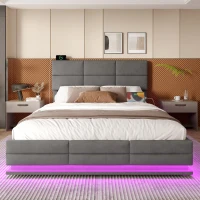 160x200 cm modernes Samtkissenbett, ausgestattet mit einem dreistufigen verstellbaren Kopfteil, einschließlich USB/Typ-C-Anschlüssen und LED-Umgebungsbeleuchtung, keine Matratze, 162L x 206B x 105-110-115H cm,Dunkelgrau(m-4)