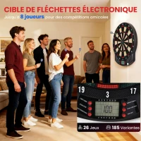 HOMCOM Cible jeu de fléchettes électronique 26 Jeu principals et 185 jeux variations cibles électroniques pour 8 joueurs 30 flechette pointe affichage LCD haut-parleur noir(m-4)