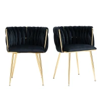 Samt-Esssessel mit goldenen Metallbeinen, elegantes handgewebtes Design, 55,5x41x74 cm, Schwarz(m-8)