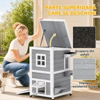 PawHut Căsuță pentru Pisici din Lemn Impermeabilă, cu 2 Niveluri și Acoperiș Rabatabil, 51 x 51 x 81,3 cm, Gri(m-4)