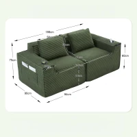 Modulares Doppelsitz-Cordsofa mit Becherhaltern und Seitentaschen, Federkern und hochdichtem Schaumstoff, 188L x 90B x 75H cm, Grün(m-3)