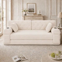 Doppeltes komprimiertes Cordsofa, Metallrahmen, 2 Becherhalter und 4 Seitentaschen, 168L x 80B x 81H cm, Beige(m-4)