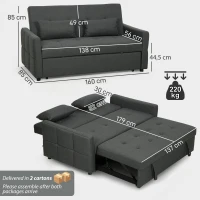 HOMCOM Divano 2 Posti Convertibile in Divano Letto Clic Clac con 2 Cuscini in Tessuto, Grigio Scuro(m-3)
