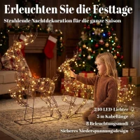 Outsunny 3-tlg. beleuchtetes Rentier- und Schlitten-Set, Weihnachtsdeko aus Polyrattan mit LEDs, 8 Modi, Timer(m-5)