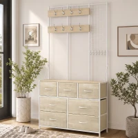 HOMCOM Perchero 4 en 1, Mueble de Entrada con 7 Cajones Plegables de Tela, 14 Ganchos y Panel Rejilla, Roble(m-2)