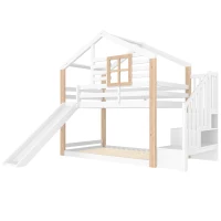Kinderbett mit Rutsche und Treppe, ausgestattet mit Handläufen und Stauraum, 252L x 96B x 206H cm, Weiß(m-7)