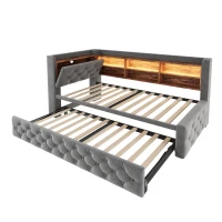 Bettgestell einziehbares Samtsofa 90x190 cm, mit Stauraum, LED-Licht, USB und Typ-C, 211 × ( 91~181) × 84 cm,Dunkelgrau(m-8)