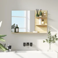 Kleankin Espelho de Parede para Casa de Banho com 2 Prateleiras Laterais e Prateleira Inferior 75x10x48 cm Madeira Natural(m-9)