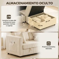 HOMCOM Sofá Chaise Longue de 3 Plazas con Almacenaje y Otomana Reversible de Pana 235x153x85 cm Blanco Crema(m-6)