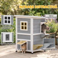 PawHut Căsuță pentru Pisici din Lemn Impermeabilă, cu 2 Niveluri și Acoperiș Rabatabil, 51 x 51 x 81,3 cm, Gri(m-6)