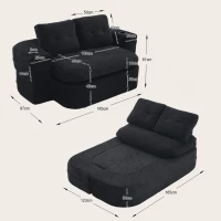 2-in-1 Cordsofa mit verstellbarer Funktion, 2 Getränkehaltern, hohe Rückenlehne und extra tiefe Sitzfläche, 165L x 97B x 61H cm,Schwarz(m-3)