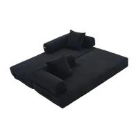 Faltbares Kompressionssofa mit stabilem Metallrahmen, Seitentaschen plus 3 Kissen, 200L x 94B x 67H cm,Schwarz(m-7)